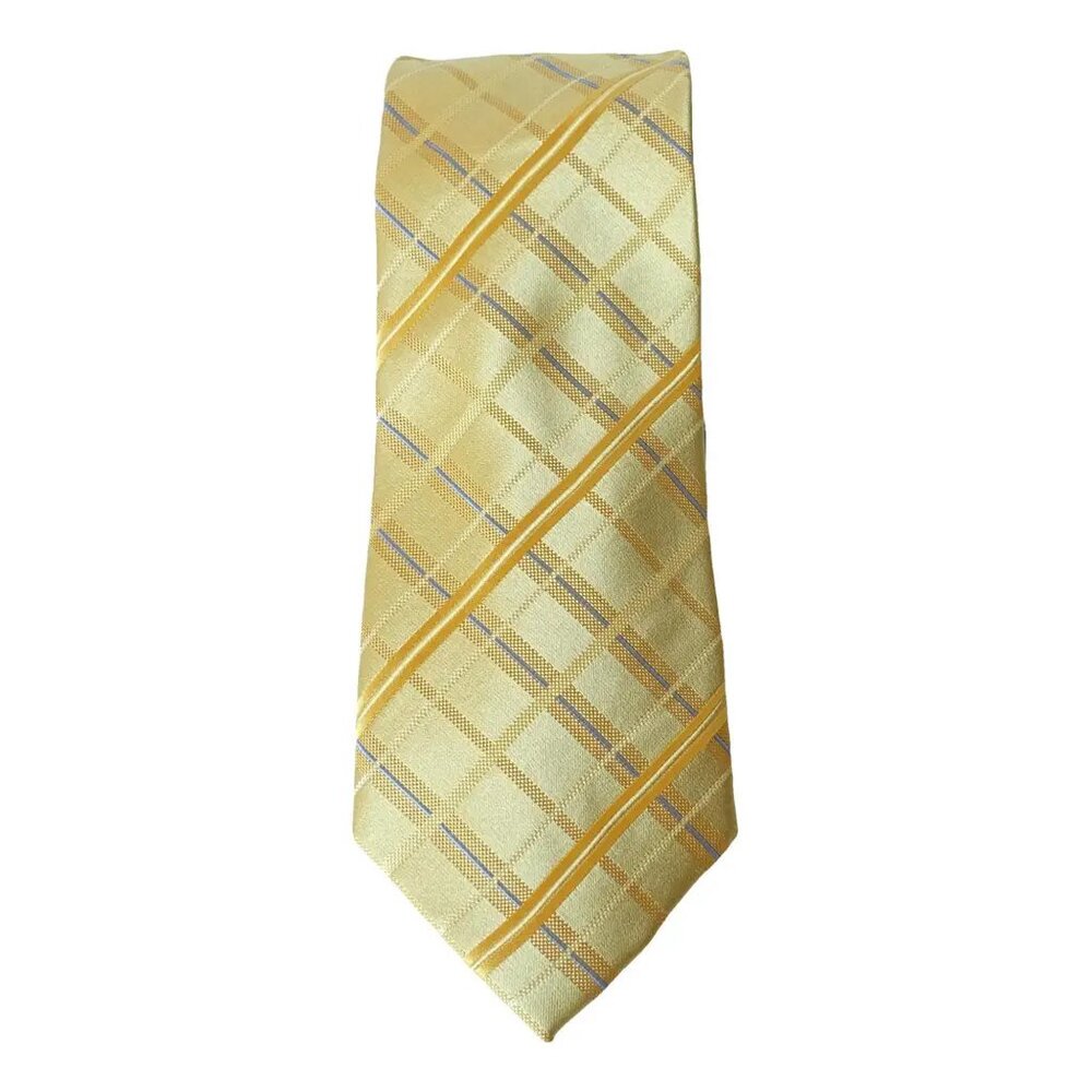 SEAN JOHN Gold Blue Satin Grid Check Silk Classic Tie